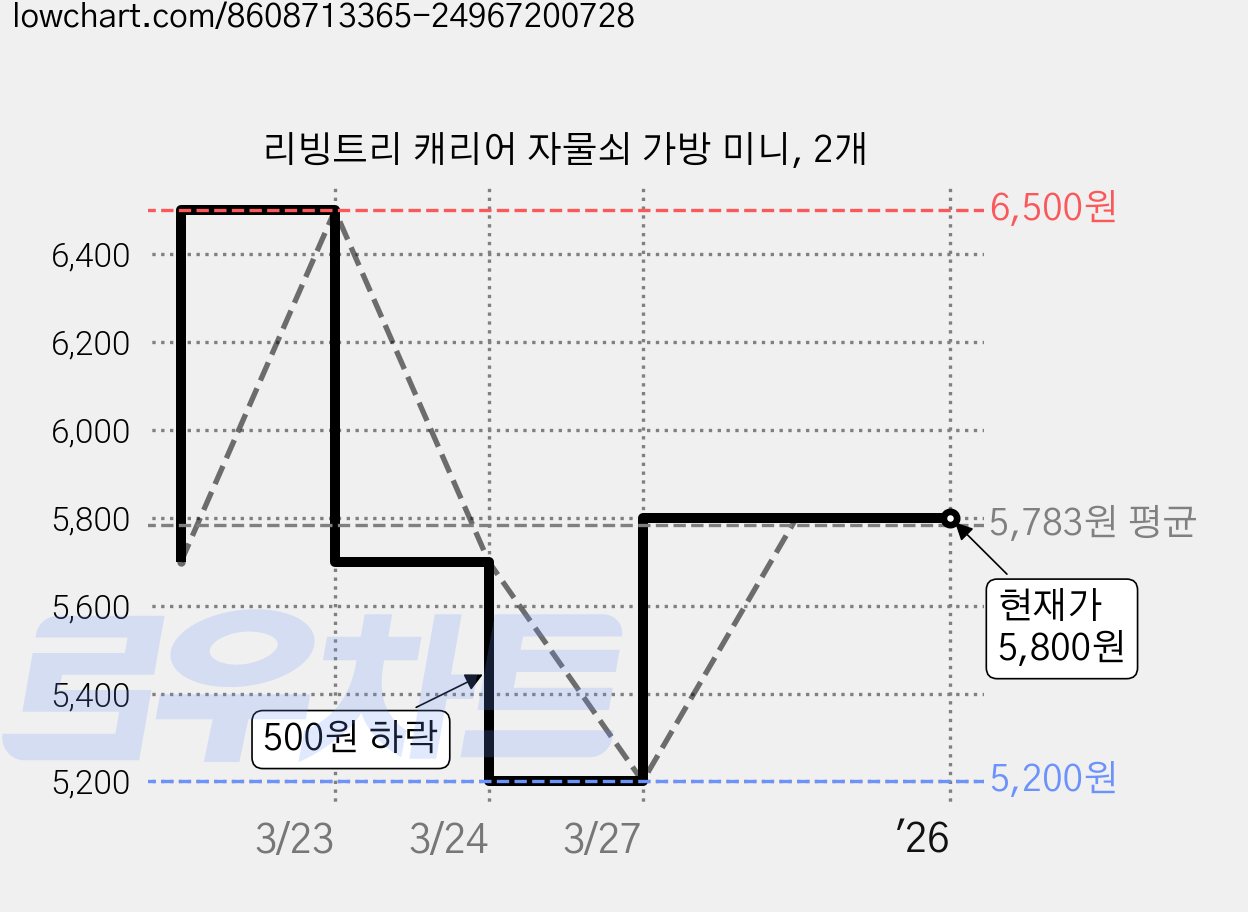 리빙트리 캐리어 자물쇠 가방 미니, 2개 가격 변동 차트, 현재가 5,800원, 역대최저가