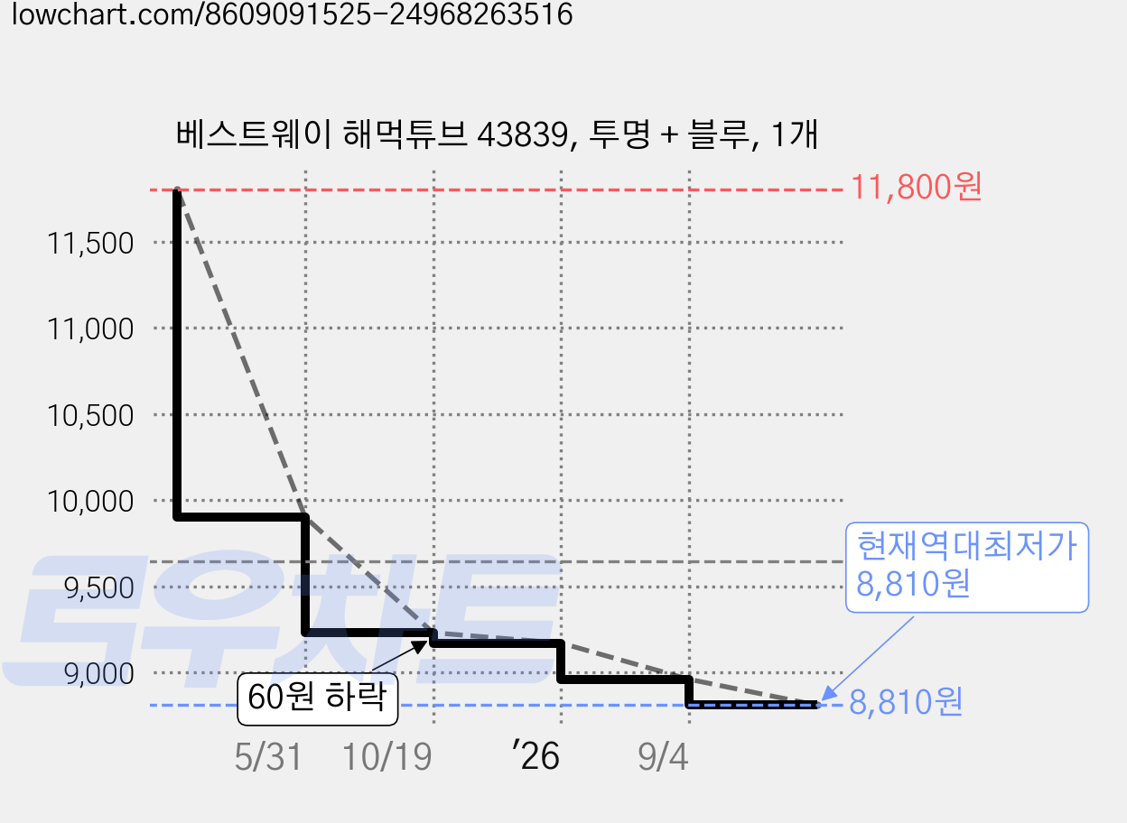 베스트웨이 해먹튜브 43839, 투명 + 블루, 1개 가격 변동 차트, 현재가 8,810원, 역대최저가