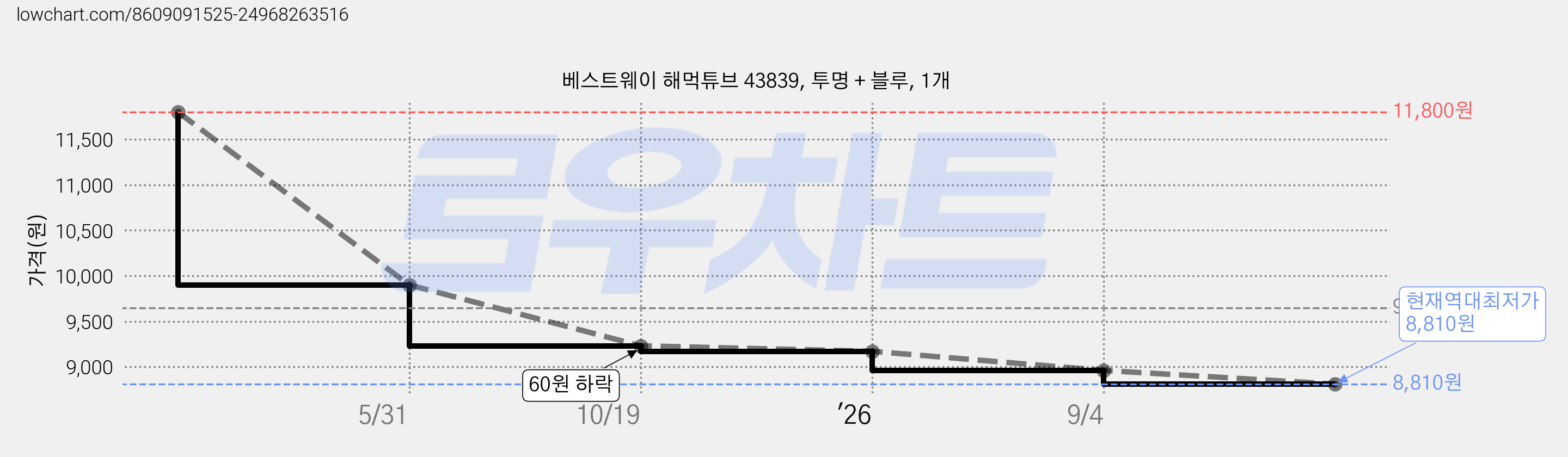 베스트웨이 해먹튜브 43839, 투명 + 블루, 1개 가격 변동 차트, 현재가 8,810원, 역대최저가