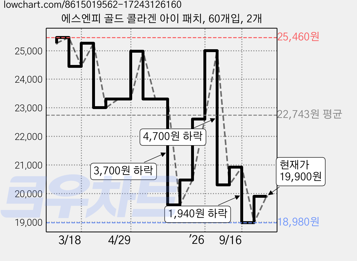 에스엔피 골드 콜라겐 아이 패치, 60개입, 2개 가격 변동 차트, 현재가 19,900원, 관측 최저가 18,980원