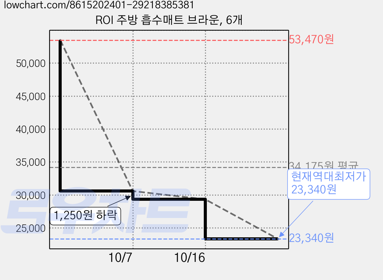 ROI 주방 흡수매트 브라운, 6개 가격 변동 차트, 현재가 23,340원, 역대최저가