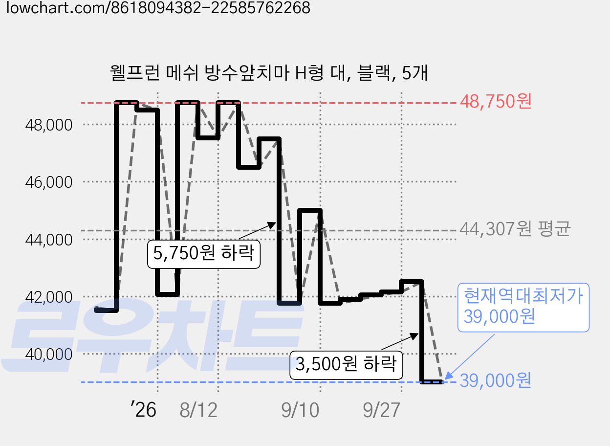 웰프런 메쉬 방수앞치마 H형 대, 블랙, 5개 가격 변동 차트, 현재가 39,000원, 역대최저가