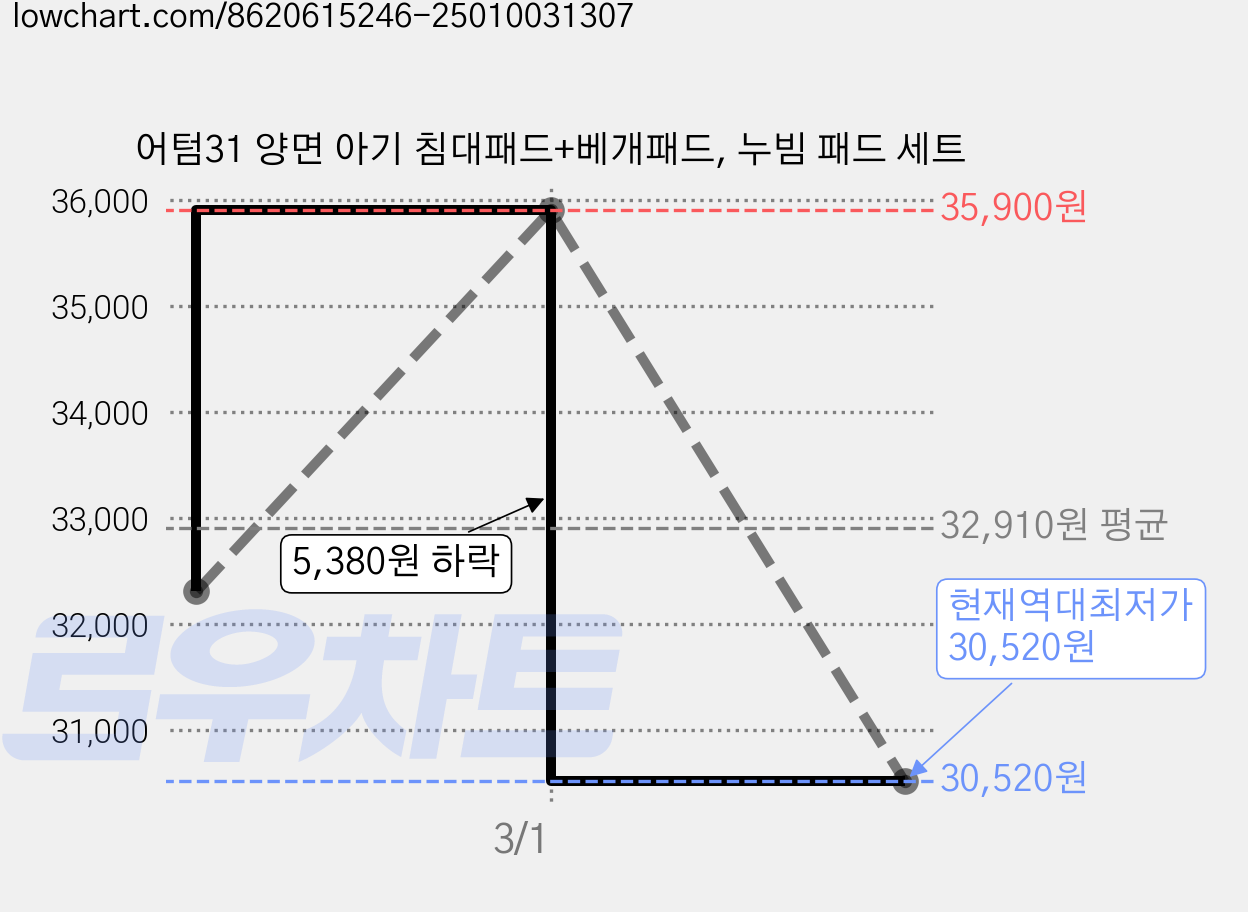 어텀31 양면 아기 침대패드+베개패드, 누빔 패드 세트 가격 변동 차트, 현재가 30,520원, 역대최저가