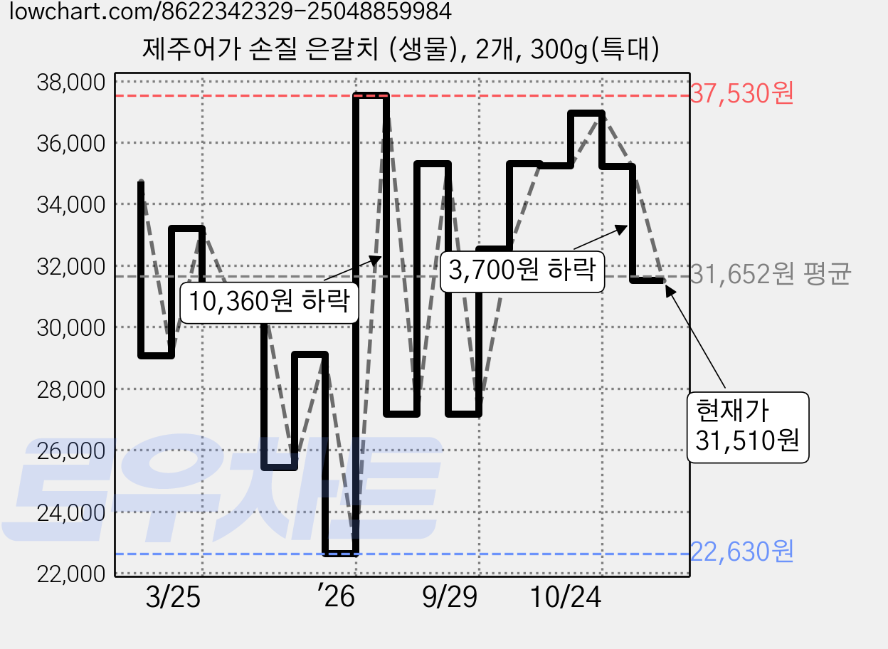 제주어가 손질 은갈치 (생물), 2개, 300g(특대) 가격 변동 차트, 현재가 31,510원, 관측 최저가 22,630원