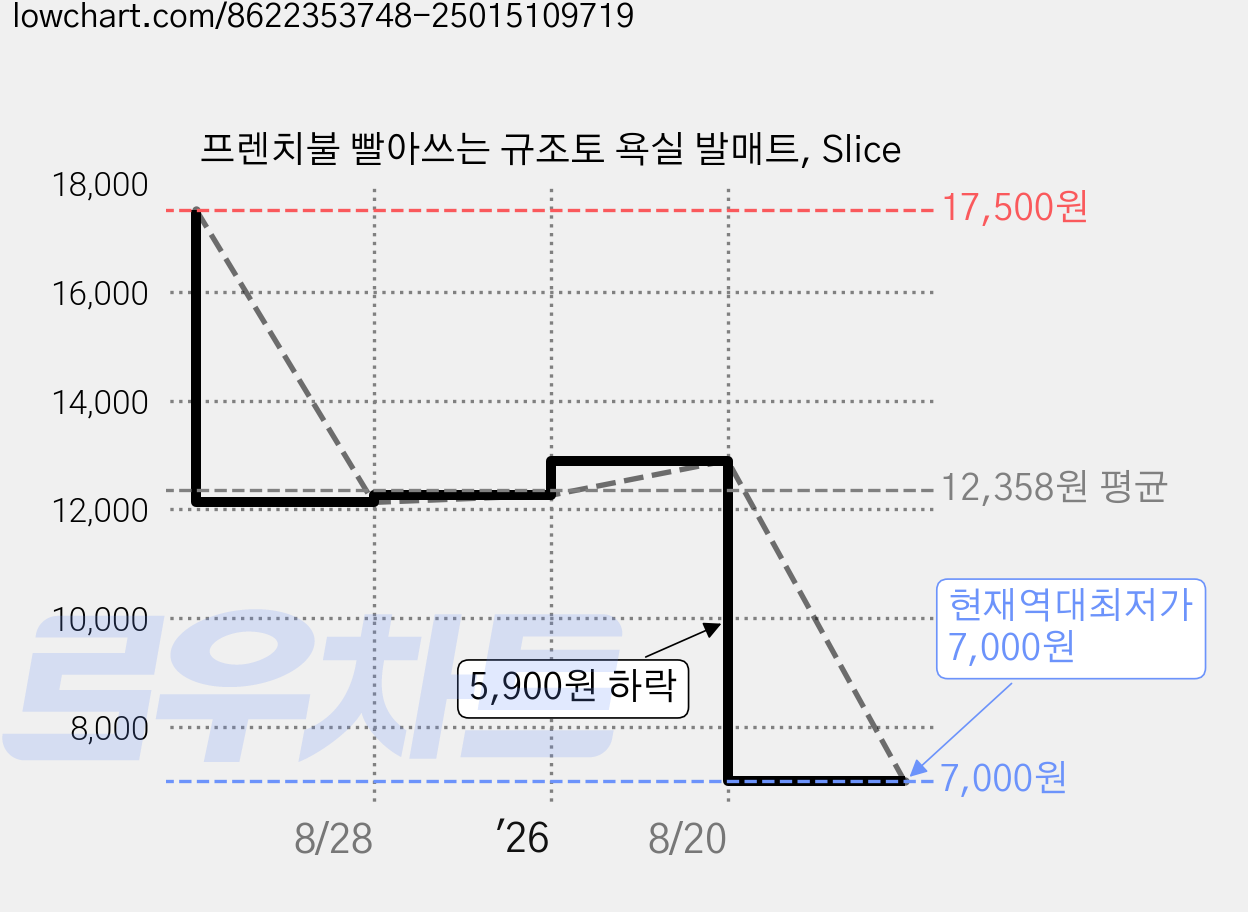 프렌치불 빨아쓰는 규조토 욕실 발매트, Slice 가격 변동 차트, 현재가 7,000원, 역대최저가
