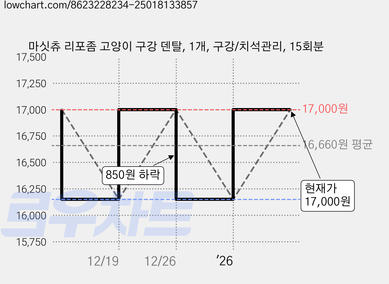 마싯츄 리포좀 고양이 구강 덴탈, 1개, 구강/치석관리, 15회분 가격 변동 차트, 현재가 17,000원, 관측 최저가 16,150원