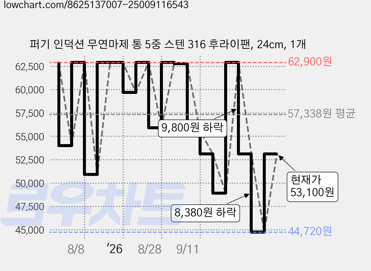 퍼기 인덕션 무연마제 통 5중 스텐 316 후라이팬, 24cm, 1개 가격 변동 차트, 현재가 53,100원, 관측 최저가 44,720원