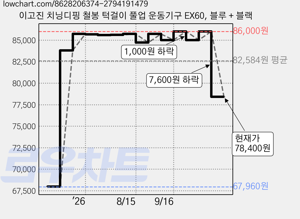 이고진 치닝디핑 철봉 턱걸이 풀업 운동기구 EX60, 블루 + 블랙 가격 변동 차트, 현재가 78,400원, 관측 최저가 67,960원