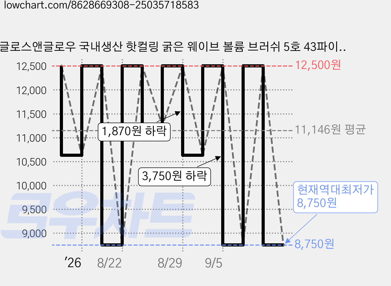 글로스앤글로우 국내생산 핫컬링 굵은 웨이브 볼륨 브러쉬 5호 43파이, 1개, 블랙 가격 변동 차트, 현재가 8,750원, 역대최저가