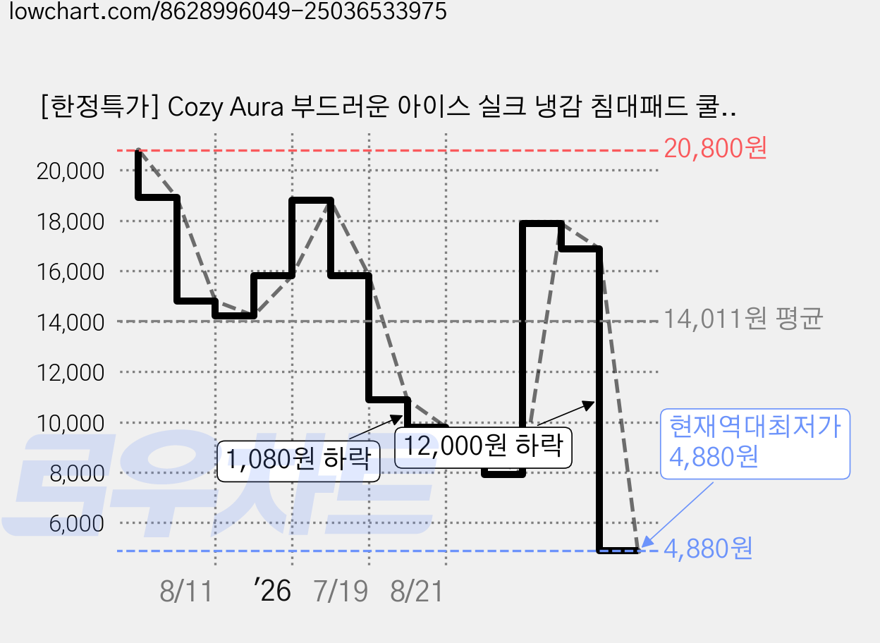 [한정특가] Cozy Aura 부드러운 아이스 실크 냉감 침대패드 쿨매트, 그레이 가격 변동 차트, 현재가 4,880원, 역대최저가