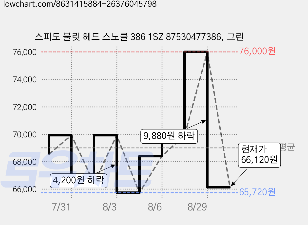 스피도 불릿 헤드 스노클 386 1SZ 87530477386, 그린 가격 변동 차트, 현재가 66,120원, 관측 최저가 65,720원
