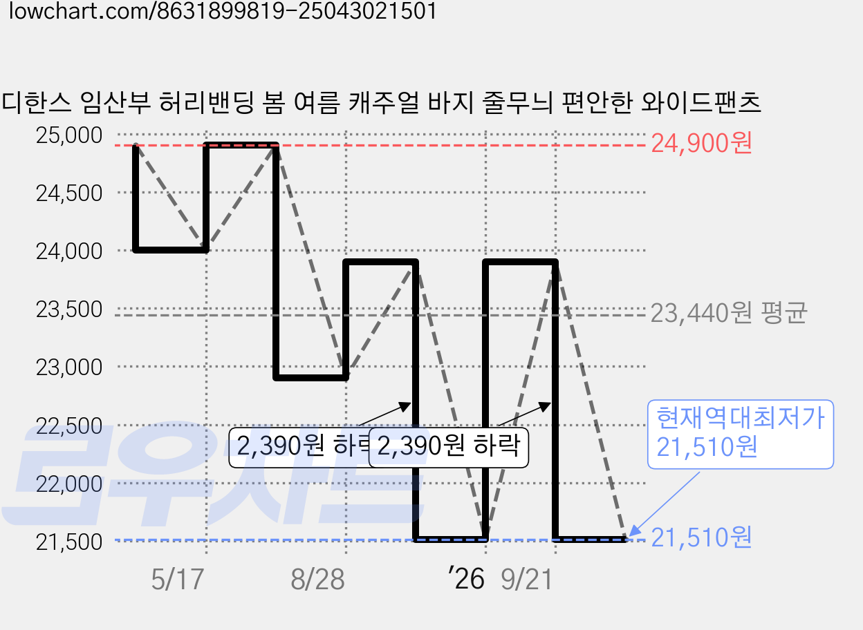 디한스 임산부 허리밴딩 봄 여름 캐주얼 바지 줄무늬 편안한 와이드팬츠 가격 변동 차트, 현재가 21,510원, 역대최저가