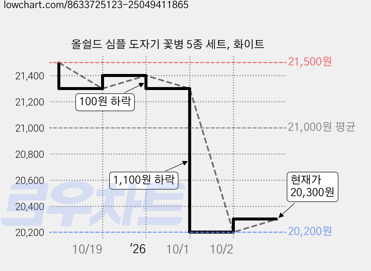 올쉴드 심플 도자기 꽃병 5종 세트, 화이트 가격 변동 차트, 현재가 20,300원, 관측 최저가 20,200원