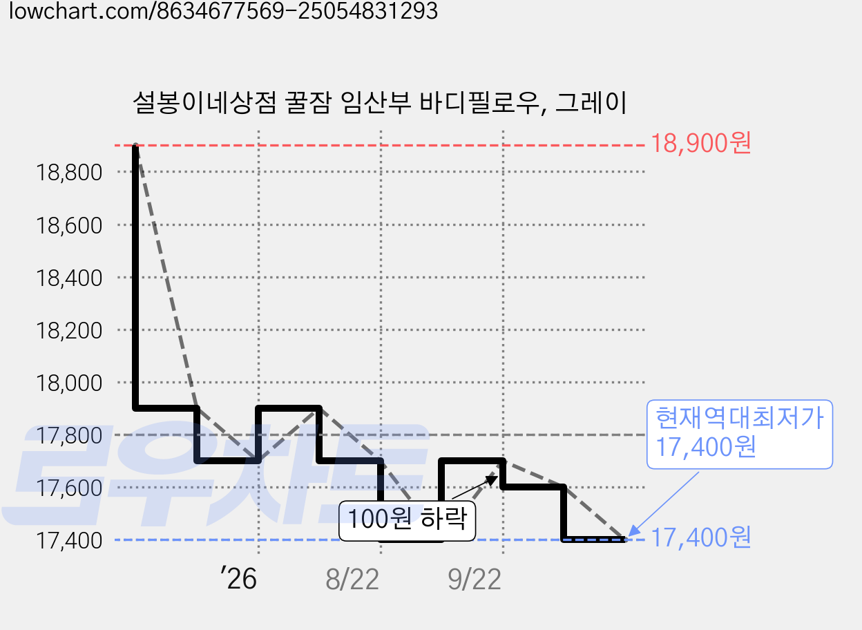 설봉이네상점 꿀잠 임산부 바디필로우, 그레이 가격 변동 차트, 현재가 17,400원, 역대최저가