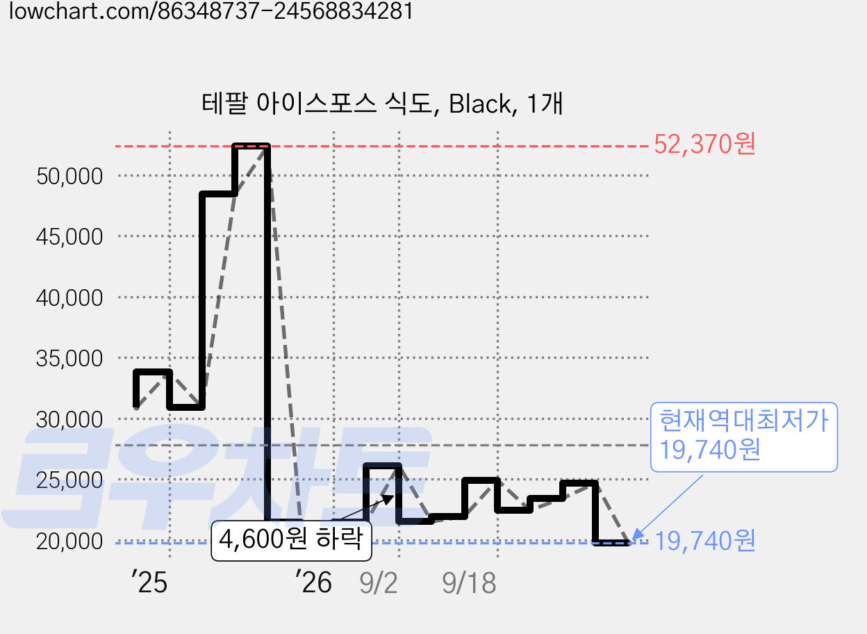 테팔 아이스포스 식도, Black, 1개 가격 변동 차트, 현재가 19,740원, 역대최저가