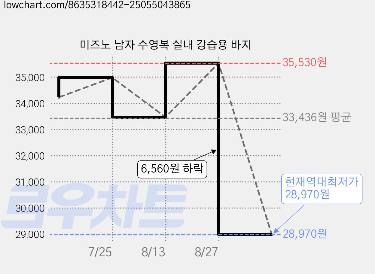 미즈노 남자 수영복 실내 강습용 바지 가격 변동 차트, 현재가 28,970원, 역대최저가