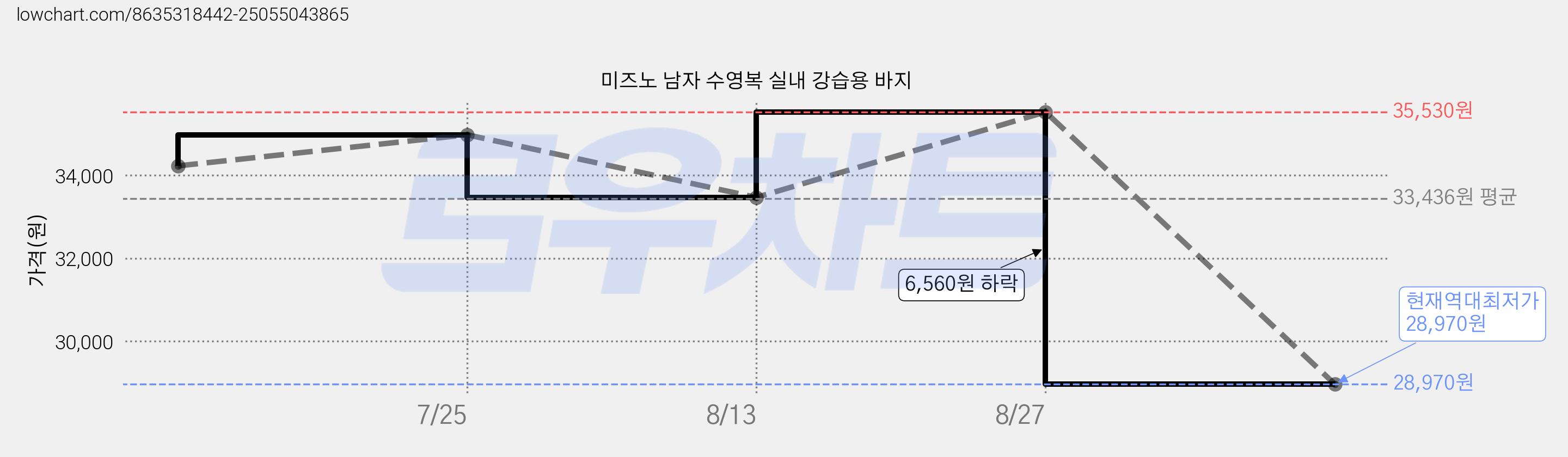 미즈노 남자 수영복 실내 강습용 바지 가격 변동 차트, 현재가 28,970원, 역대최저가