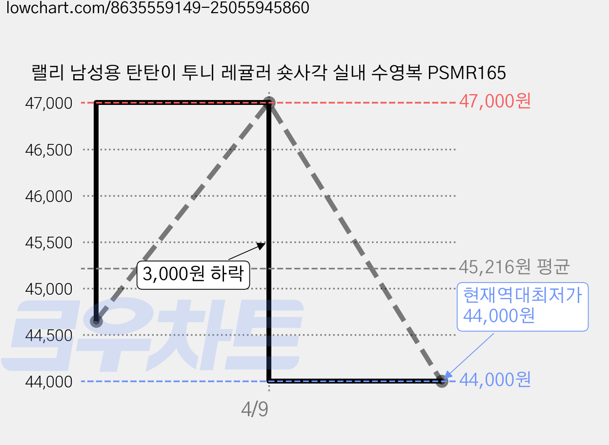 랠리 남성용 탄탄이 투니 레귤러 숏사각 실내 수영복 PSMR165 가격 변동 차트, 현재가 44,000원, 역대최저가