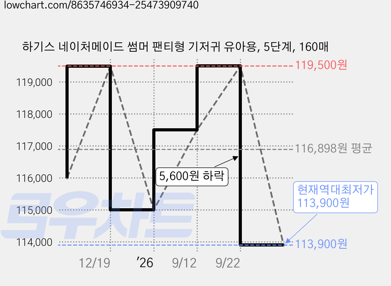 하기스 네이처메이드 썸머 팬티형 기저귀 유아용, 5단계, 160매 가격 변동 차트, 현재가 113,900원, 역대최저가