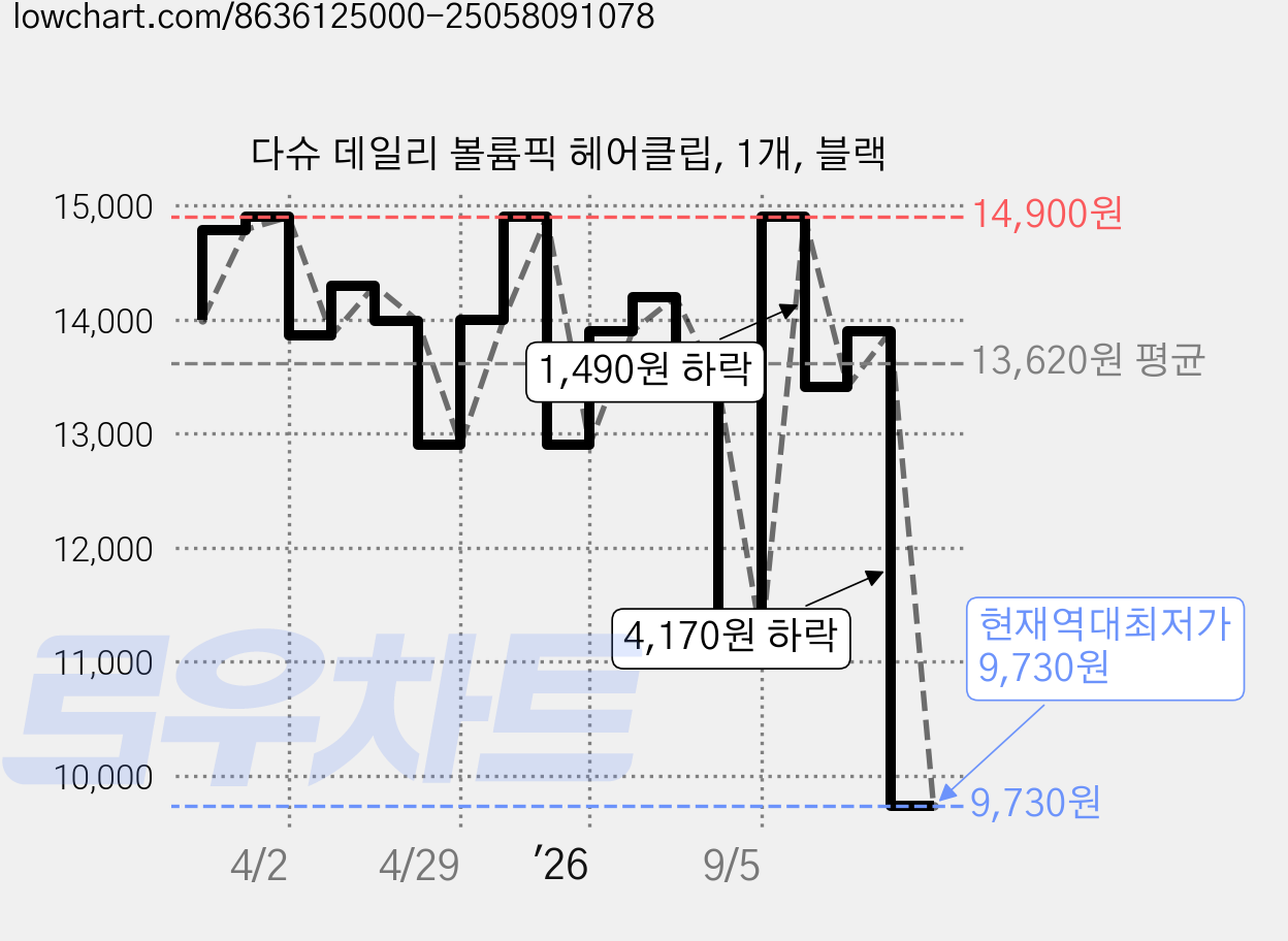 다슈 데일리 볼륨픽 헤어클립, 1개, 블랙 가격 변동 차트, 현재가 9,730원, 역대최저가