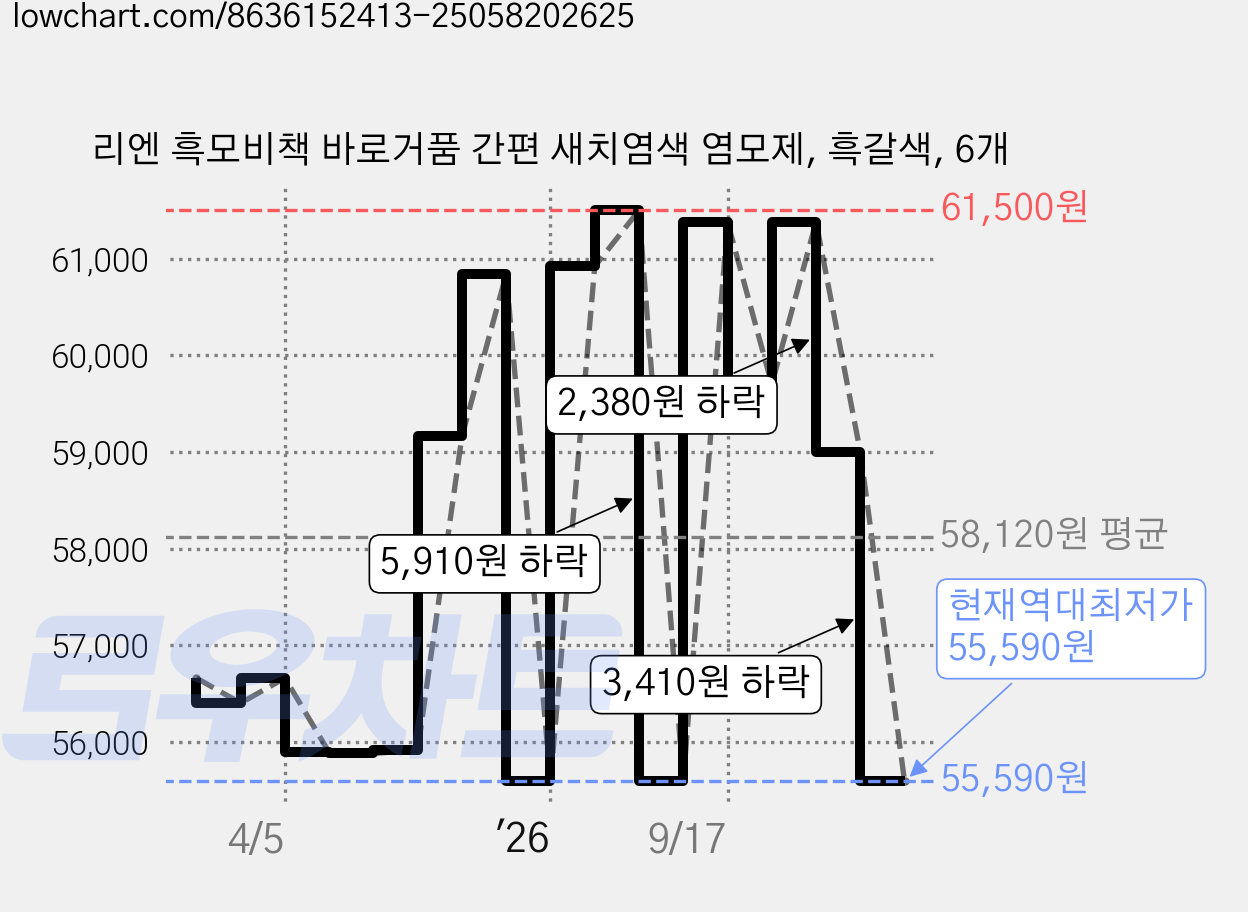리엔 흑모비책 바로거품 간편 새치염색 염모제, 흑갈색, 6개 가격 변동 차트, 현재가 55,590원, 역대최저가