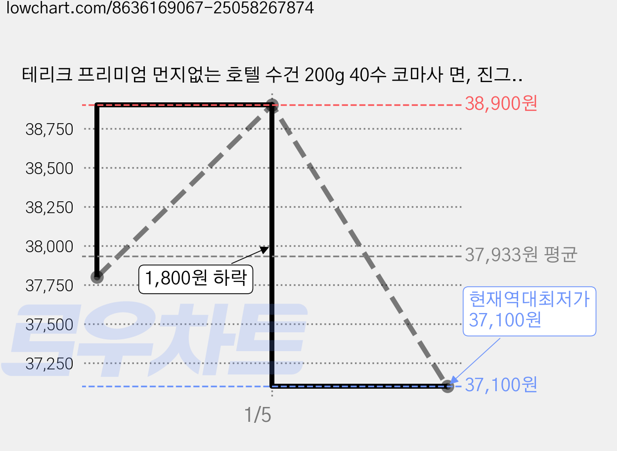 테리크 프리미엄 먼지없는 호텔 수건 200g 40수 코마사 면, 진그레이, 10개 가격 변동 차트, 현재가 37,100원, 역대최저가