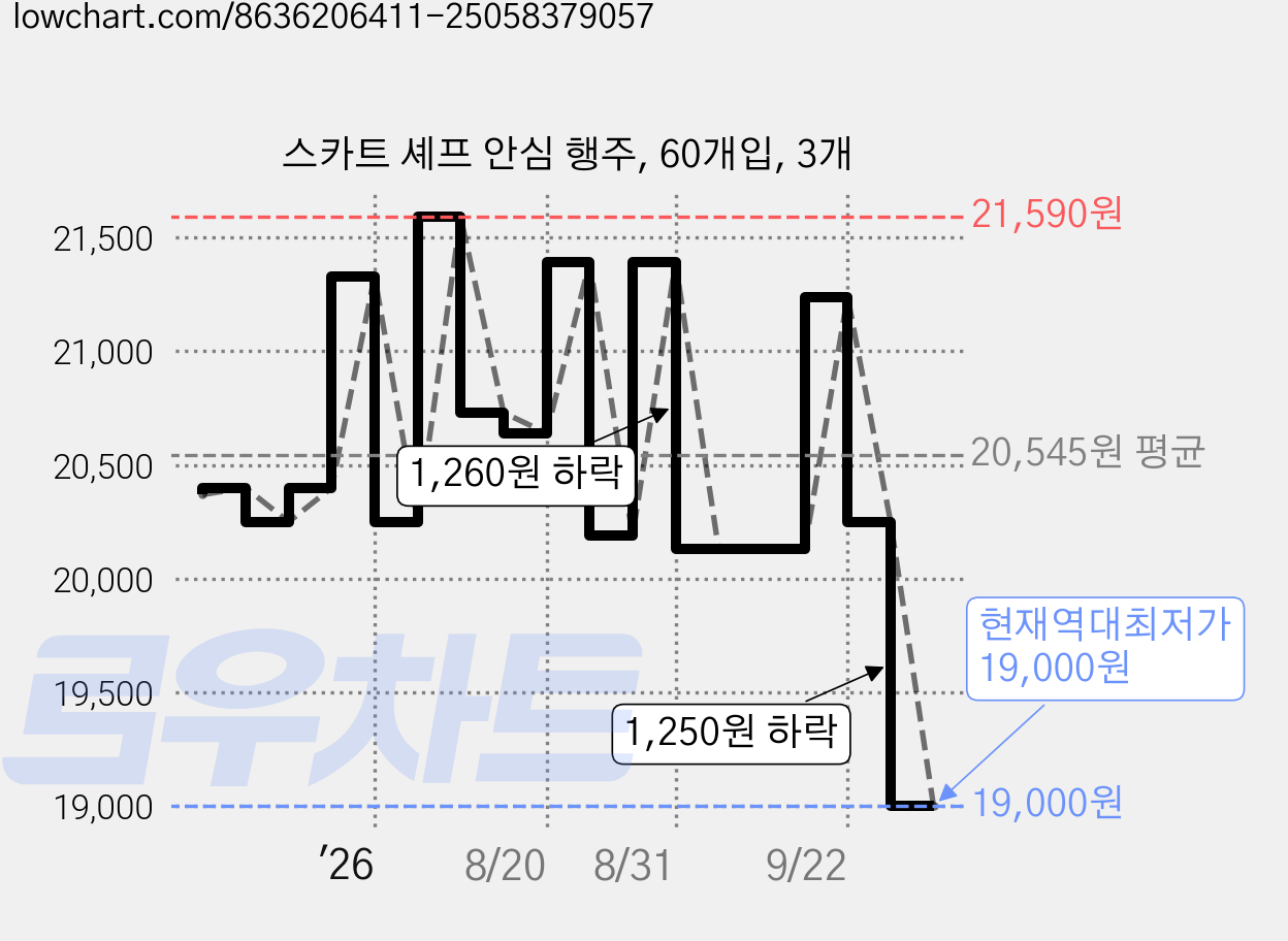 스카트 셰프 안심 행주, 60개입, 3개 가격 변동 차트, 현재가 19,000원, 역대최저가