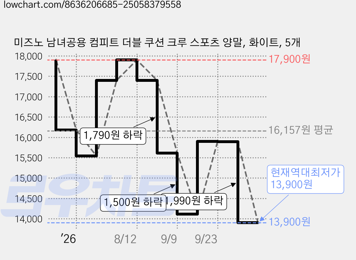 미즈노 남녀공용 컴피트 더블 쿠션 크루 스포츠 양말, 화이트, 5개 가격 변동 차트, 현재가 13,900원, 역대최저가