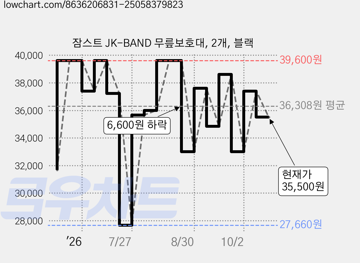 잠스트 JK-BAND 무릎보호대, 2개, 블랙 가격 변동 차트, 현재가 35,500원, 관측 최저가 27,660원