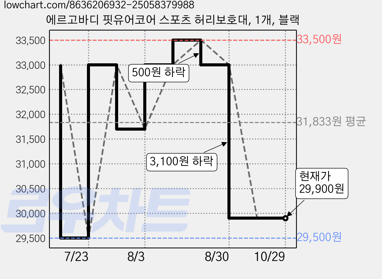 에르고바디 핏유어코어 스포츠 허리보호대, 1개, 블랙 가격 변동 차트, 현재가 29,900원, 관측 최저가 29,500원