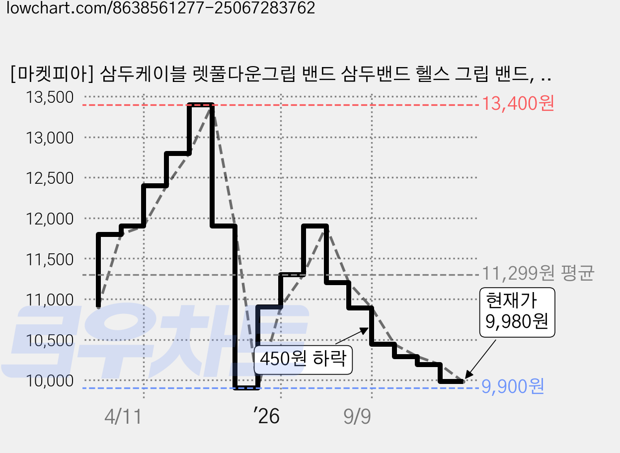 [마켓피아] 삼두케이블 렛풀다운그립 밴드 삼두밴드 헬스 그립 밴드, 1개, 블랙 가격 변동 차트, 현재가 9,980원, 관측 최저가 9,900원