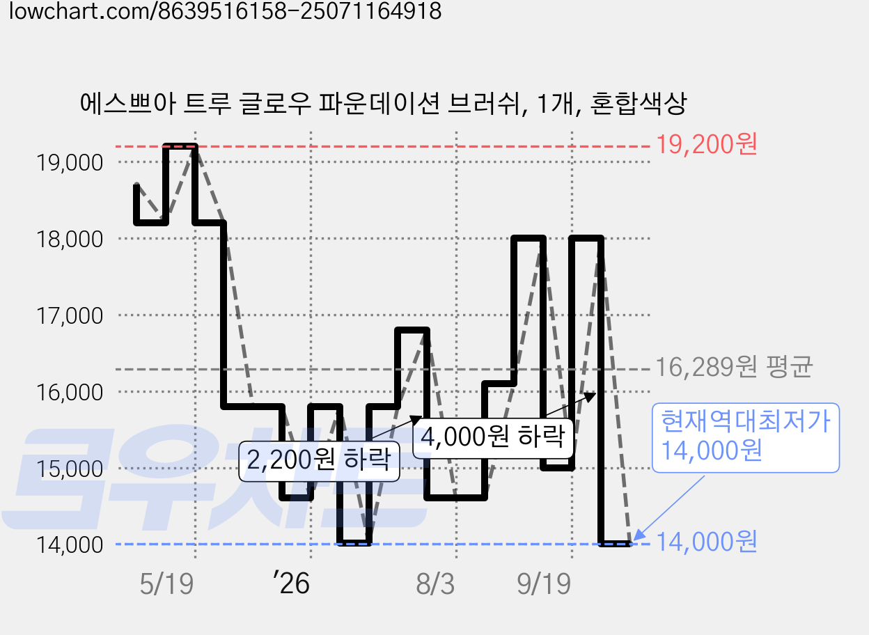 에스쁘아 트루 글로우 파운데이션 브러쉬, 1개, 혼합색상 가격 변동 차트, 현재가 14,000원, 역대최저가