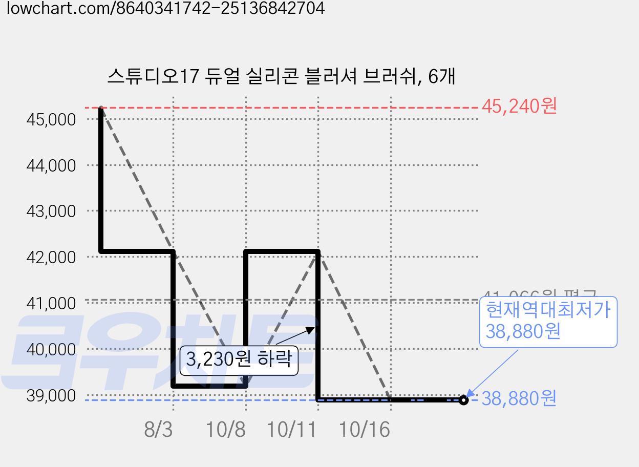 스튜디오17 듀얼 실리콘 블러셔 브러쉬, 6개 가격 변동 차트, 현재가 38,880원, 역대최저가