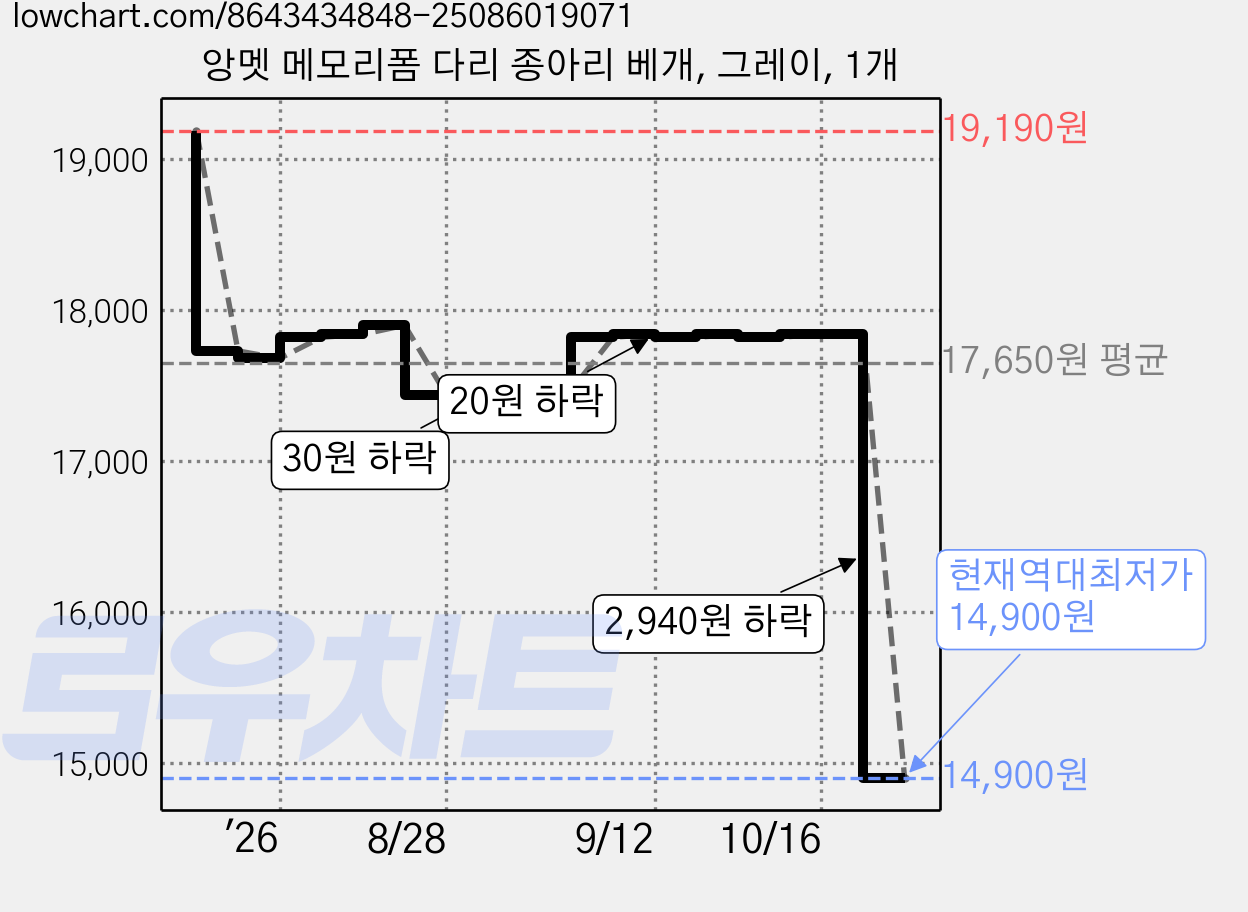 앙멧 메모리폼 다리 종아리 베개, 그레이, 1개 가격 변동 차트, 현재가 14,900원, 역대최저가