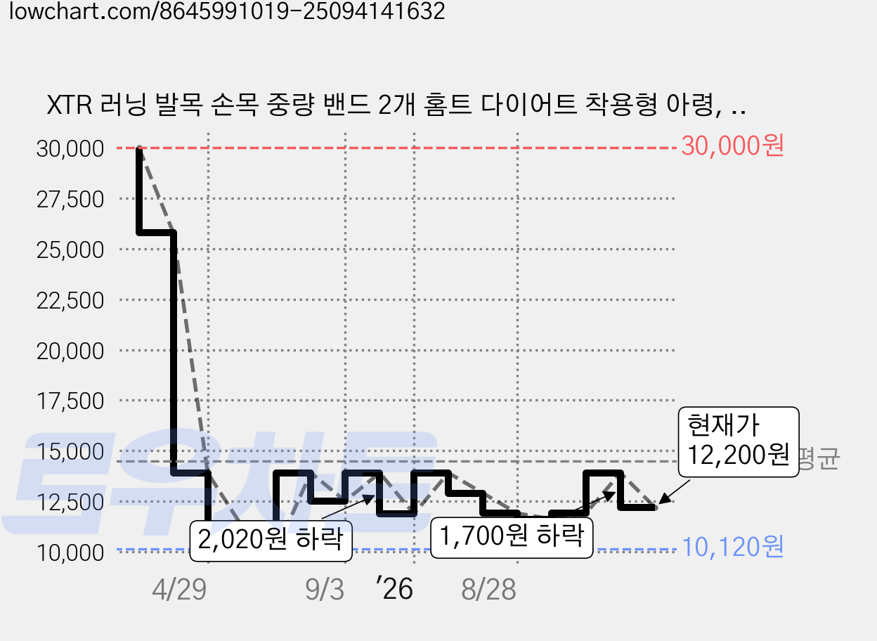 XTR 러닝 발목 손목 중량 밴드 2개 홈트 다이어트 착용형 아령, 500g, 딥그린 가격 변동 차트, 현재가 12,200원, 관측 최저가 10,120원