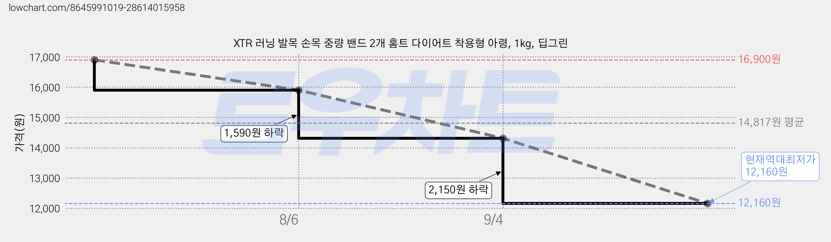 XTR 러닝 발목 손목 중량 밴드 2개 홈트 다이어트 착용형 아령, 1kg, 딥그린 가격 변동 차트, 현재가 12,160원, 역대최저가