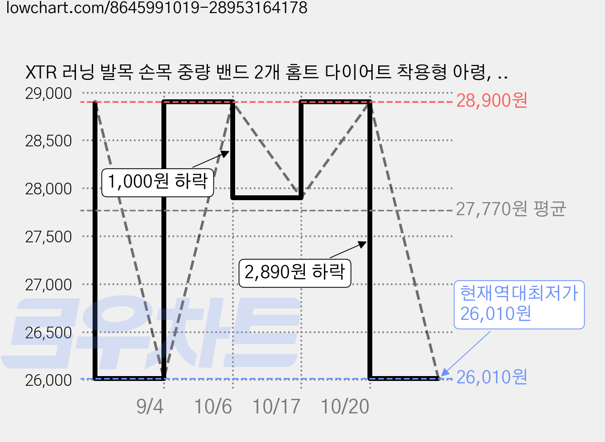 XTR 러닝 발목 손목 중량 밴드 2개 홈트 다이어트 착용형 아령, 1.5kg, 밀키화이트 가격 변동 차트, 현재가 26,010원, 역대최저가