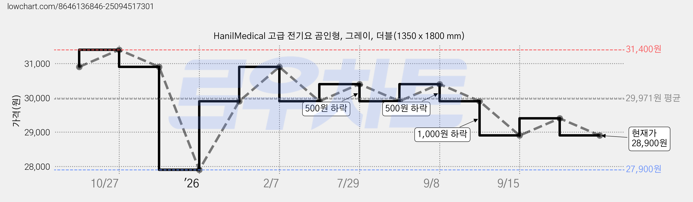 HanilMedical 고급 전기요 곰인형, 그레이, 더블(1350 x 1800 mm) 가격 변동 차트, 현재가 28,900원, 관측 최저가 27,900원
