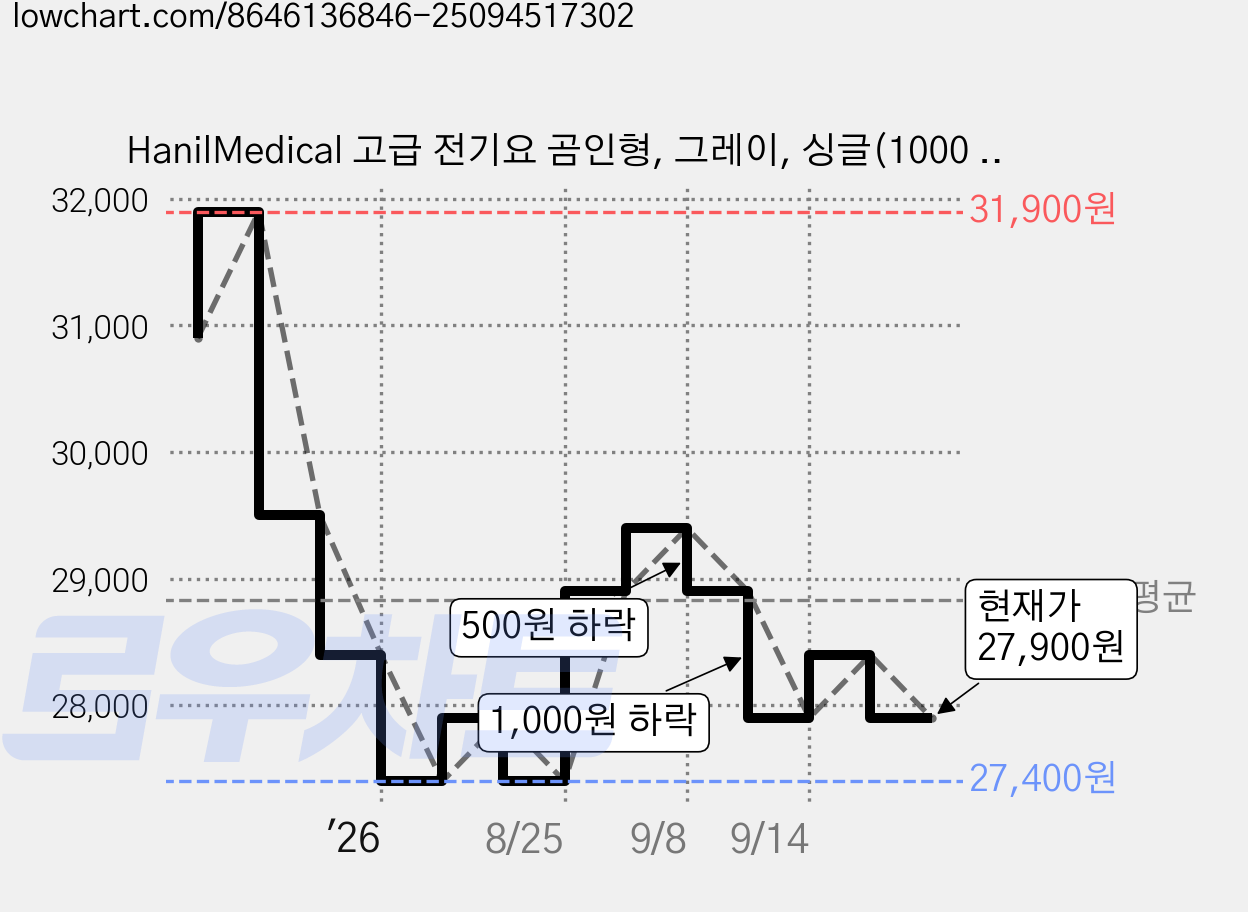 HanilMedical 고급 전기요 곰인형, 그레이, 싱글(1000 x 1800 mm) 가격 변동 차트, 현재가 27,900원, 관측 최저가 27,400원