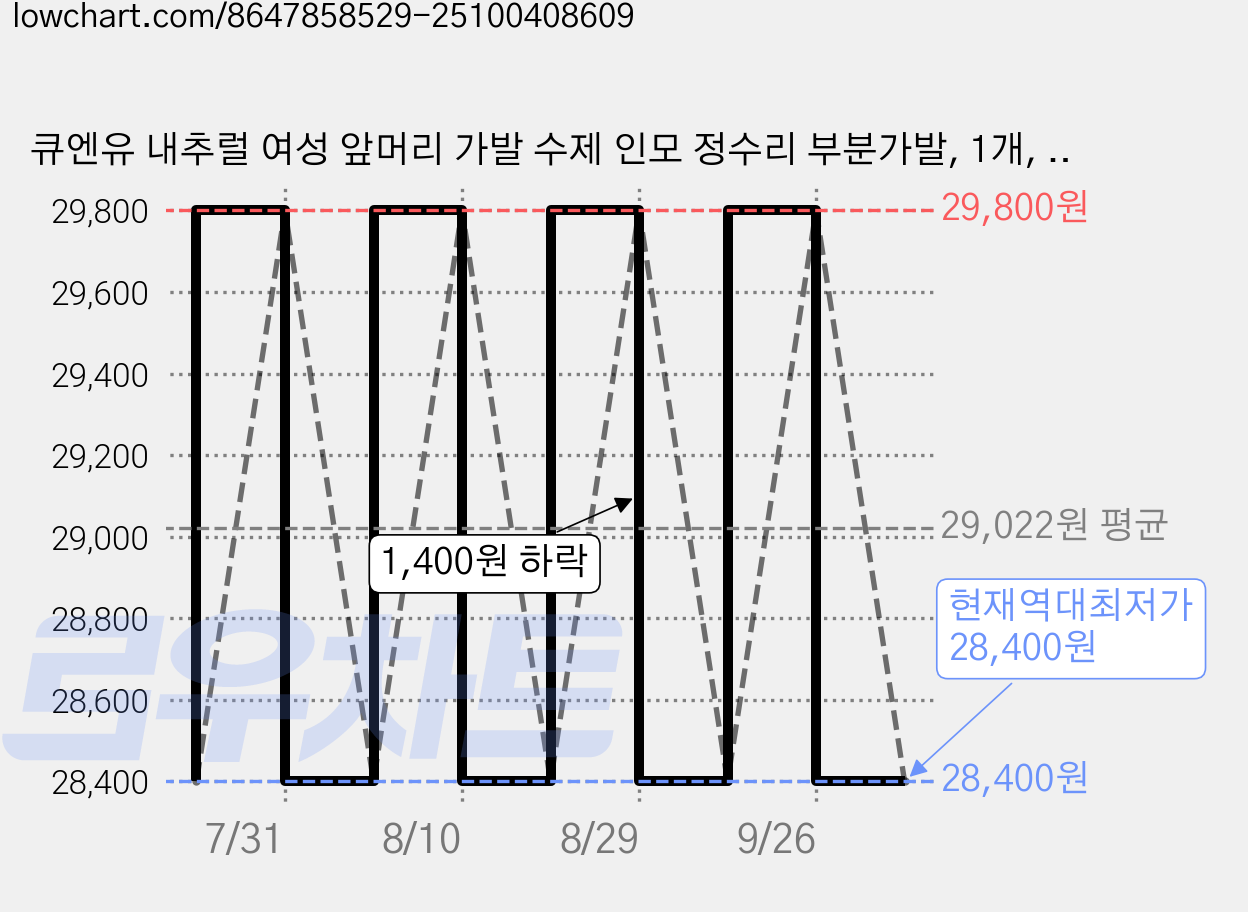 큐엔유 내추럴 여성 앞머리 가발 수제 인모 정수리 부분가발, 1개, 브라운 중간가르마 타입 가격 변동 차트, 현재가 28,400원, 역대최저가