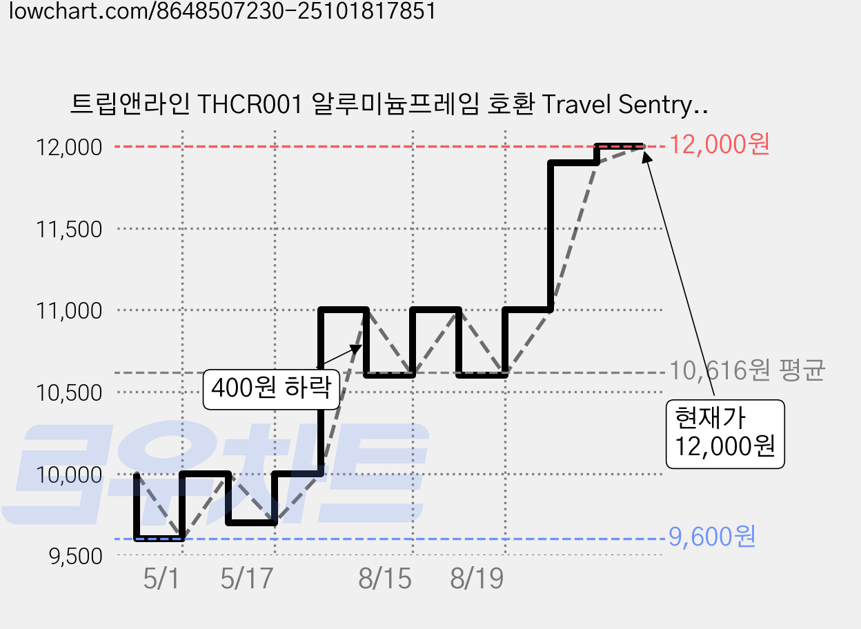 트립앤라인 THCR001 알루미늄프레임 호환 Travel Sentry TSA 잠금장치 007, 1개, 실버(WHG) 가격 변동 차트, 현재가 12,000원, 역대최저가