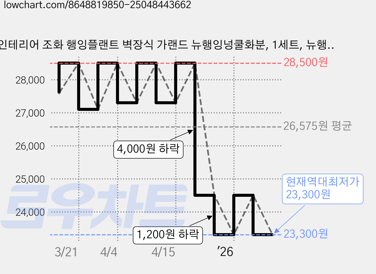 인테리어 조화 행잉플랜트 벽장식 가랜드 뉴행잉넝쿨화분, 1세트, 뉴행잉넝쿨화분 페페 2P 가격 변동 차트, 현재가 23,300원, 역대최저가