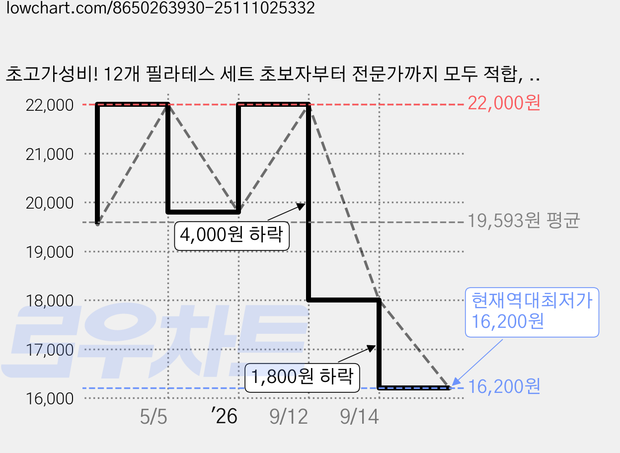 초고가성비! 12개 필라테스 세트 초보자부터 전문가까지 모두 적합, 필라테스마라, 1세트 가격 변동 차트, 현재가 16,200원, 역대최저가