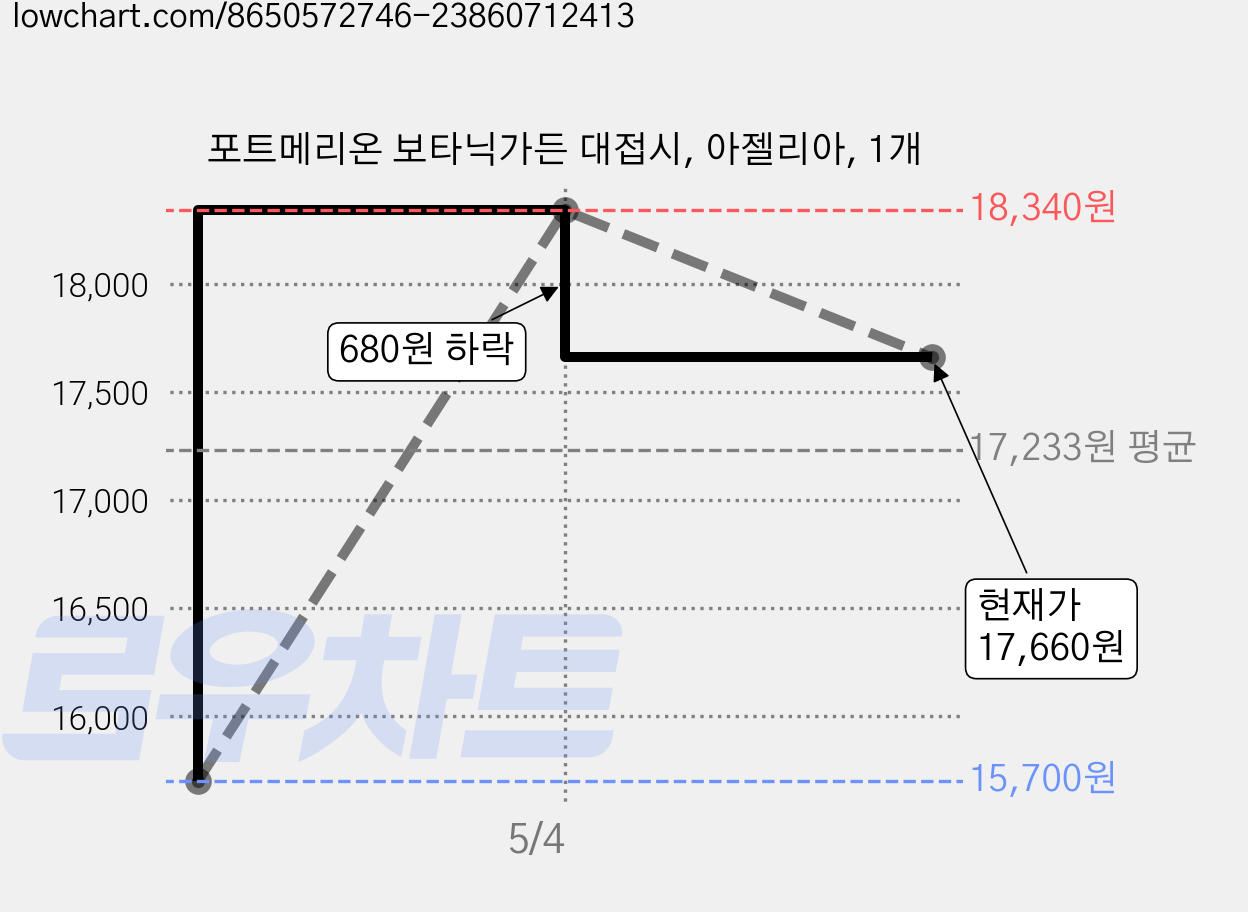 포트메리온 보타닉가든 대접시, 아젤리아, 1개 가격 변동 차트, 현재가 17,660원, 관측 최저가 15,700원