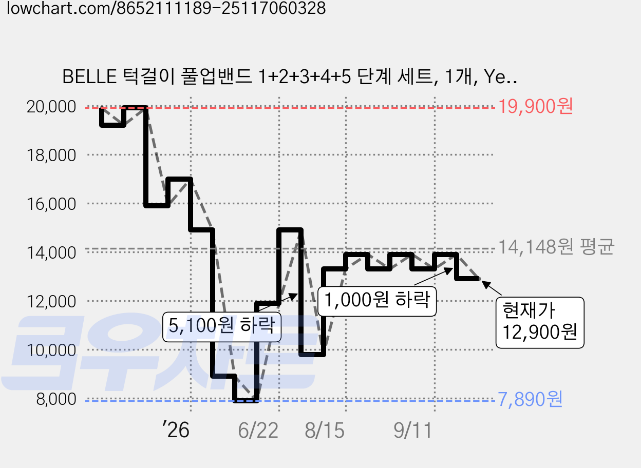 BELLE 턱걸이 풀업밴드 1+2+3+4+5 단계 세트, 1개, Yellow+Red+Black+Purple+Green 가격 변동 차트, 현재가 12,900원, 관측 최저가 7,890원