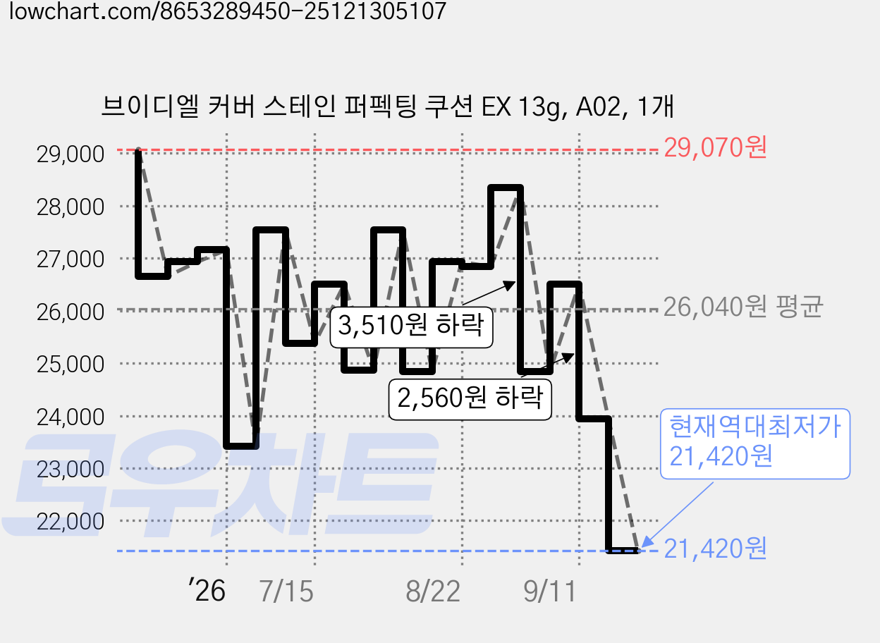 브이디엘 커버 스테인 퍼펙팅 쿠션 EX 13g, A02, 1개 가격 변동 차트, 현재가 21,420원, 역대최저가