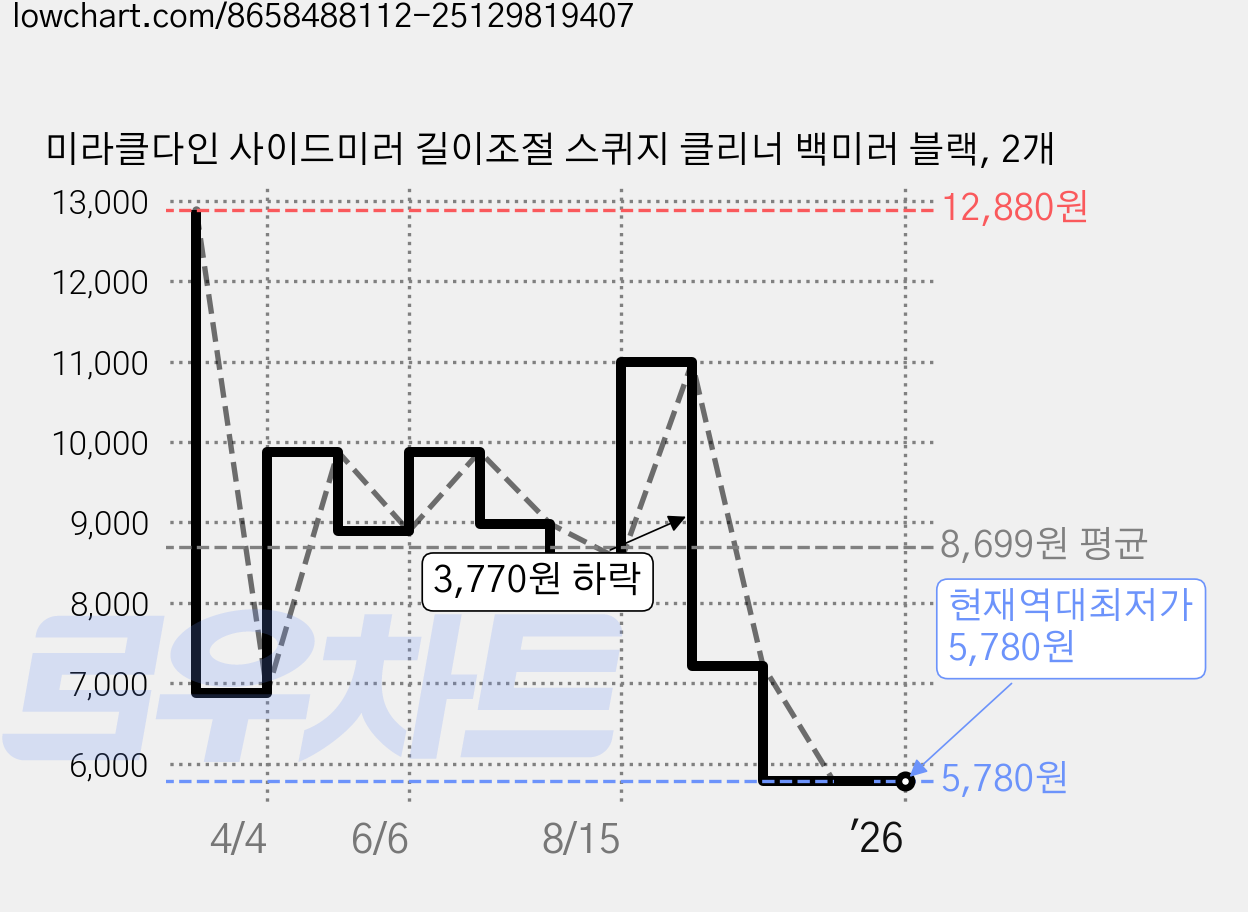 미라클다인 사이드미러 길이조절 스퀴지 클리너 백미러 블랙, 2개 가격 변동 차트, 현재가 5,780원, 역대최저가