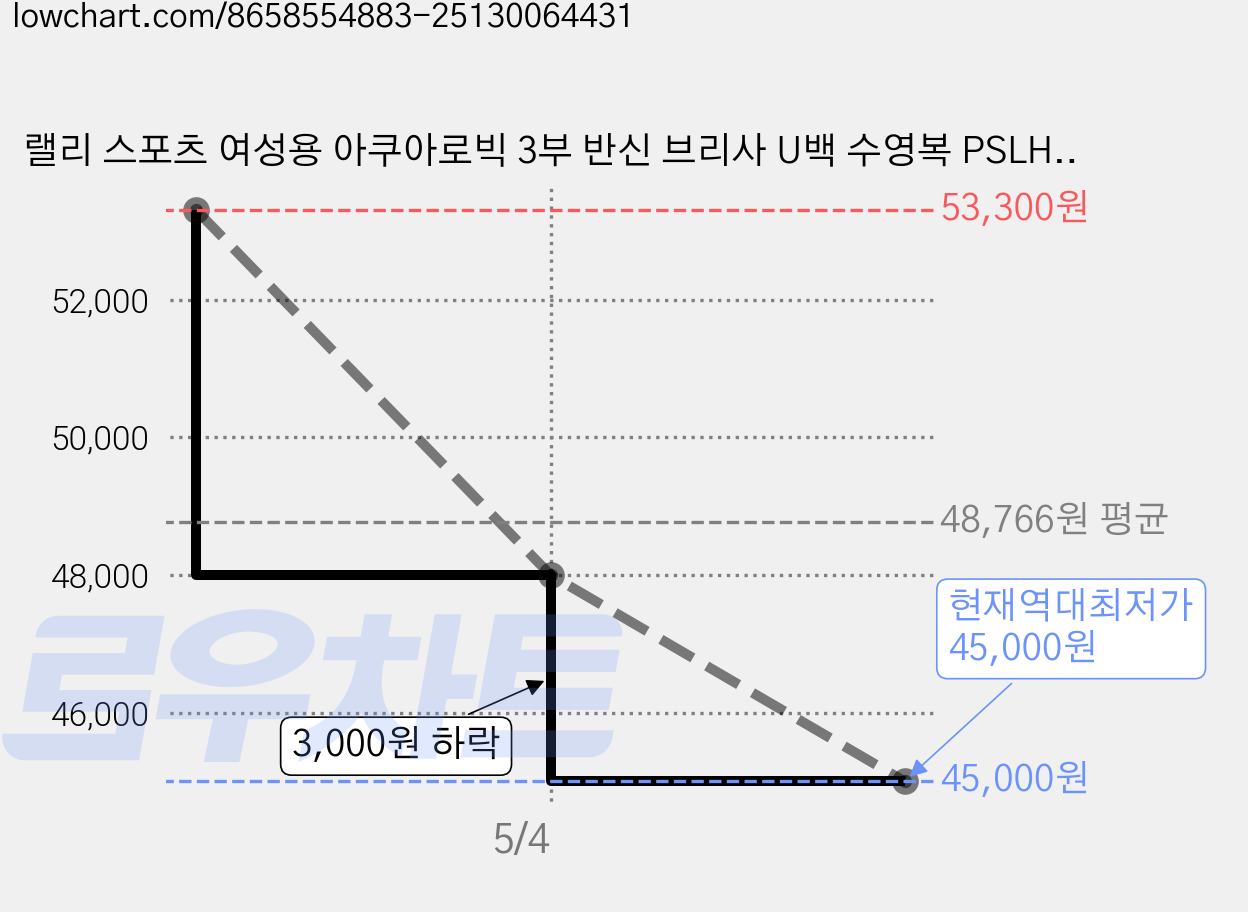 랠리 스포츠 여성용 아쿠아로빅 3부 반신 브리사 U백 수영복 PSLH149 가격 변동 차트, 현재가 45,000원, 역대최저가