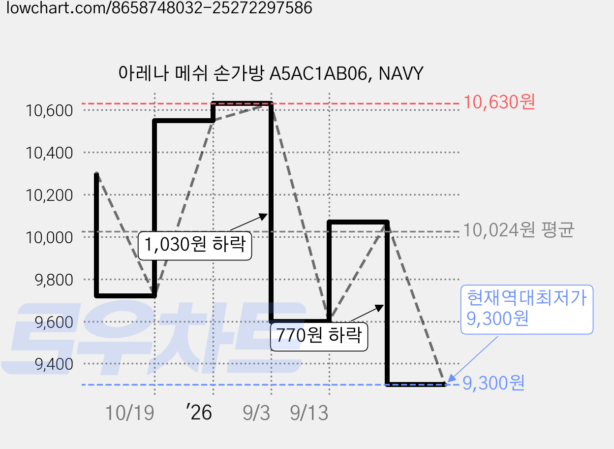 아레나 메쉬 손가방 A5AC1AB06, NAVY 가격 변동 차트, 현재가 9,300원, 역대최저가