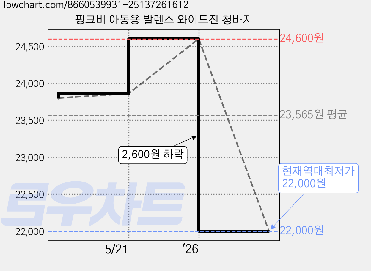 핑크비 아동용 발렌스 와이드진 청바지 가격 변동 차트, 현재가 22,000원, 역대최저가